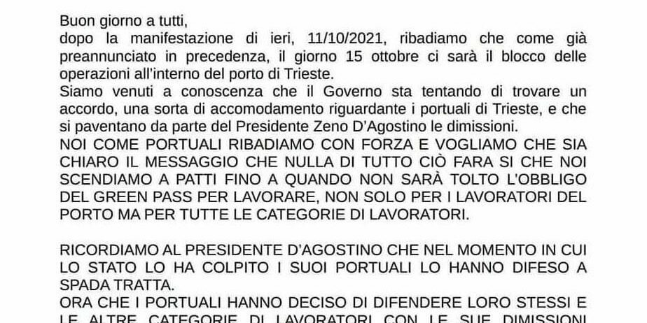 Dopo la proposta del governo di offrire tamponi gratis ai portuali di Trieste ecco la loro risposta Dopo la proposta del governo di offrire tamponi gratis ai portuali di Trieste ecco la loro risposta