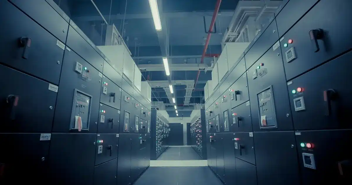 Centro dati moderno con server e schermi di analytics illuminati in blu