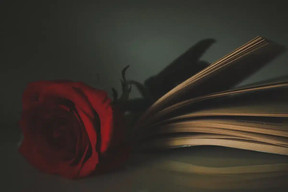 Una mano che tiene un libro di poesia consunto su uno sfondo scuro e austero