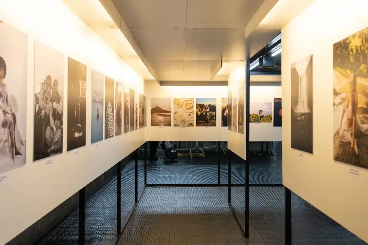 Visitatore osserva una fotografia storica in una galleria illuminata dalla luce naturale