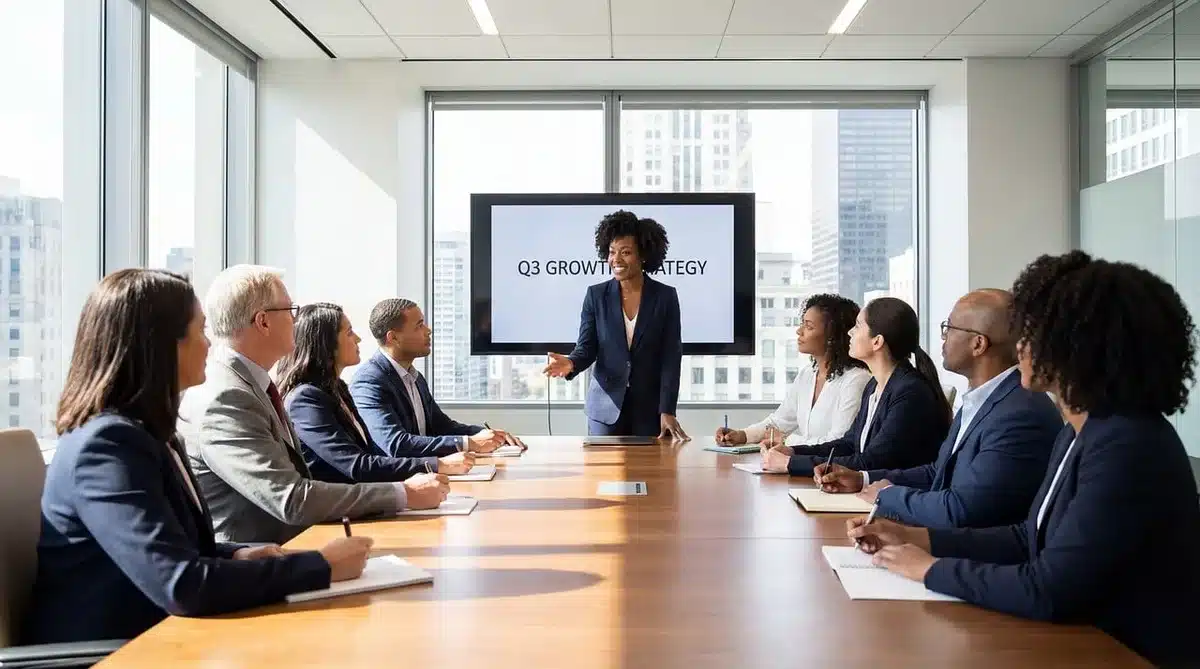 Executive in boardroom durante riunione strategica, simbolo della transizione di potere in Essilux